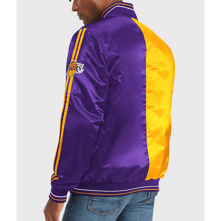 LA Lakers Purple and Yellow Varsity Satin Jacket Back View