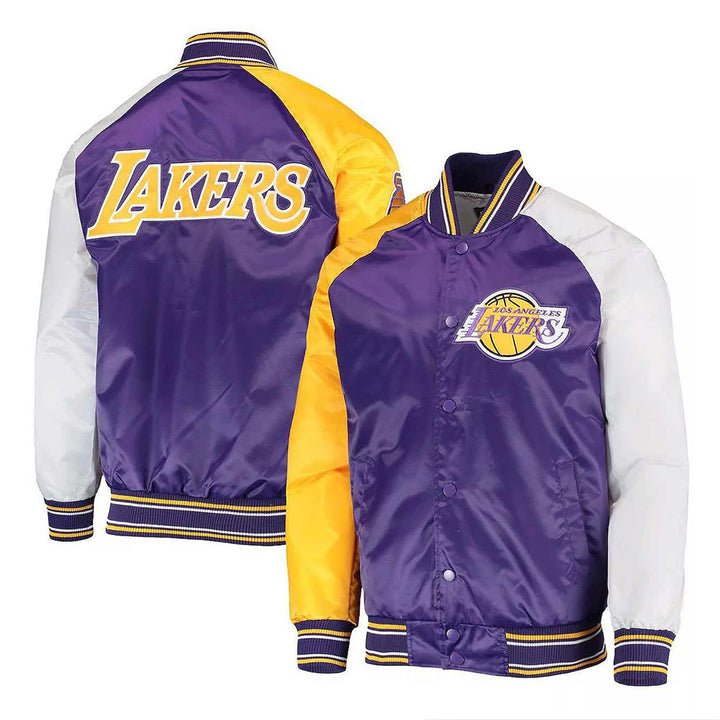 LA Lakers Purple, Yellow and White Reliever Varsity Satin Jacket