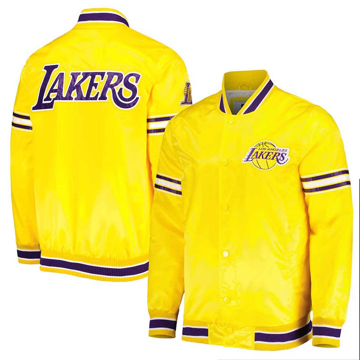 LA Lakers Slider Varsity Yellow Satin Jacket Front & Back View