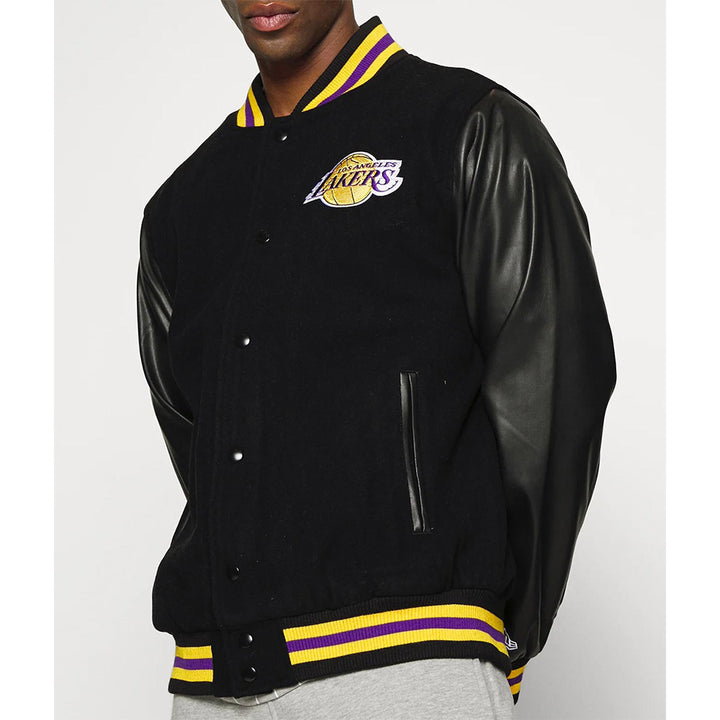 LA Lakers Training Team Logo Black Varsity Jacket Front View