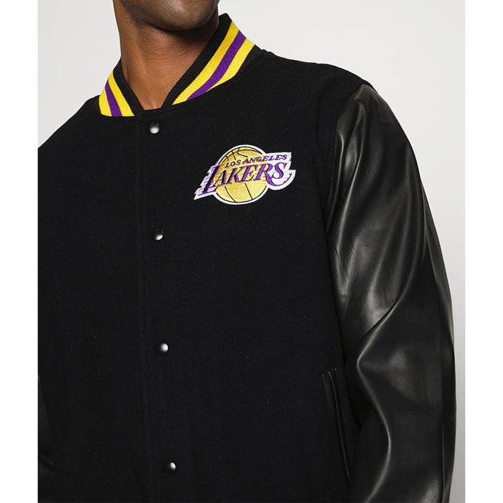 LA Lakers Training Team Logo Black Varsity Jacket Front Left Chest View