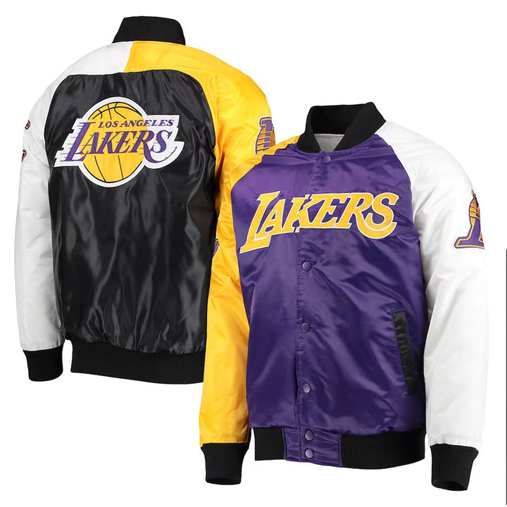 LA Lakers Tricolor Remix Varsity Satin Jacket Front & Back View