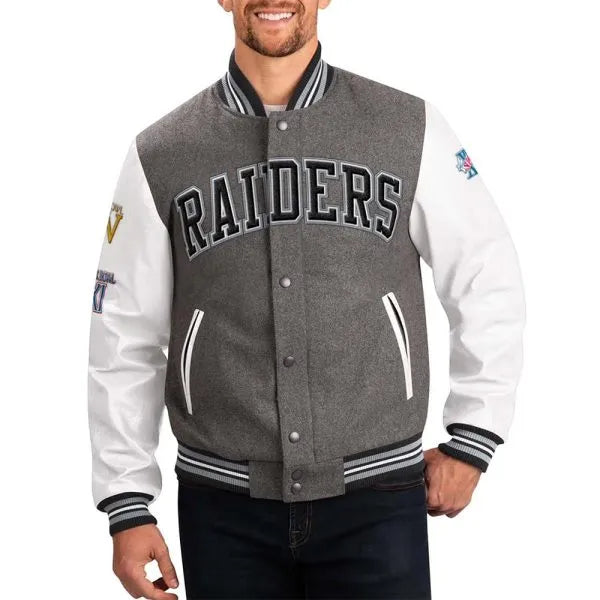Gray and white Las Vegas Raiders varsity jacket in USA