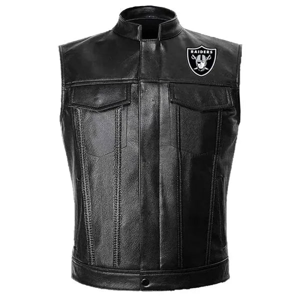 Black leather Raiders vest for men in USA