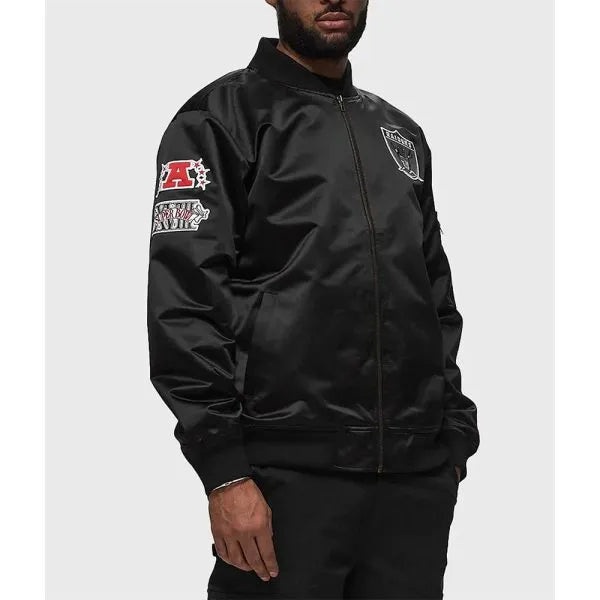 Black lightweight Raiders satin bomber jacket in USA