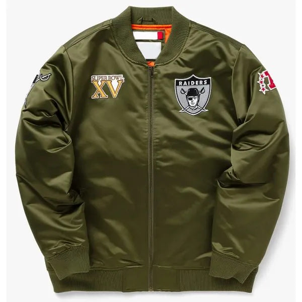 Full-zip green NFL bomber with team patches in USA