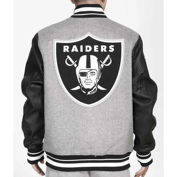 Leather-sleeved Raiders wool bomber in USA
