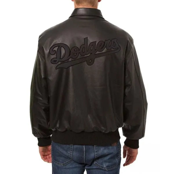 Close-up of Dodgers logo on black leather chest

