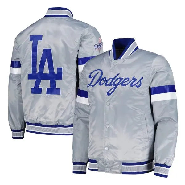 LA Dodgers home game gray satin jacket front view

