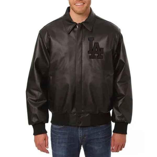 LA Dodgers full black leather jacket front view

