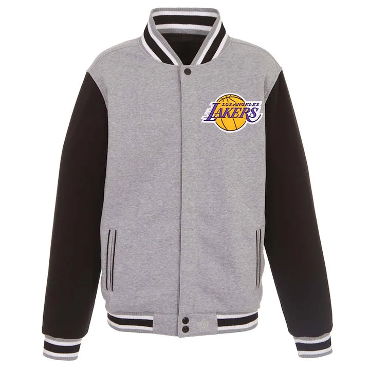 Front View NBA Los Angeles Lakers Black and Gray Varsity Wool Jacket