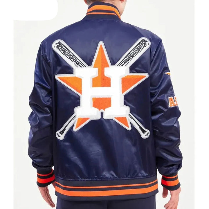 Navy blue jacket with orange and white star design on the back, on a plain background.