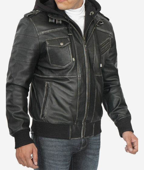 Removable hooded leather bomber jacket for men in United state market