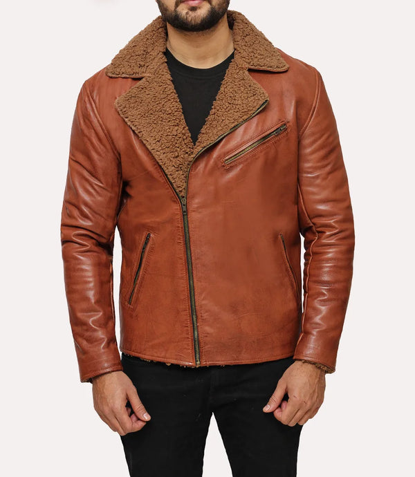 Men's Brown Shearling Leather Jacket - Front View with Faux Shearling Collar in USA