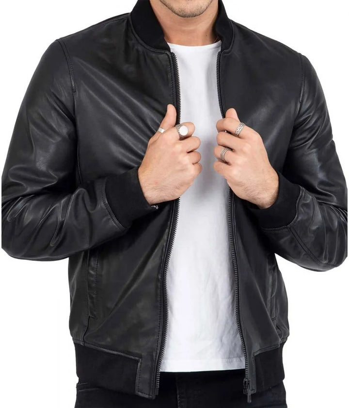 Open Zip  View Men’s Casual Bomber Real Black Leather Jacket