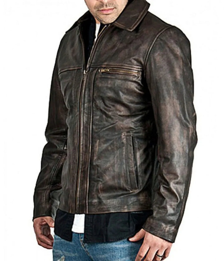 Side View Men’s Zip Up Shirt Collar Brown Distressed Leather Jacket