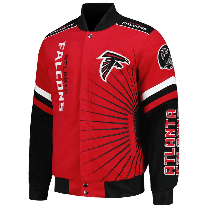 Falcons red full-snap letterman jacket front view

