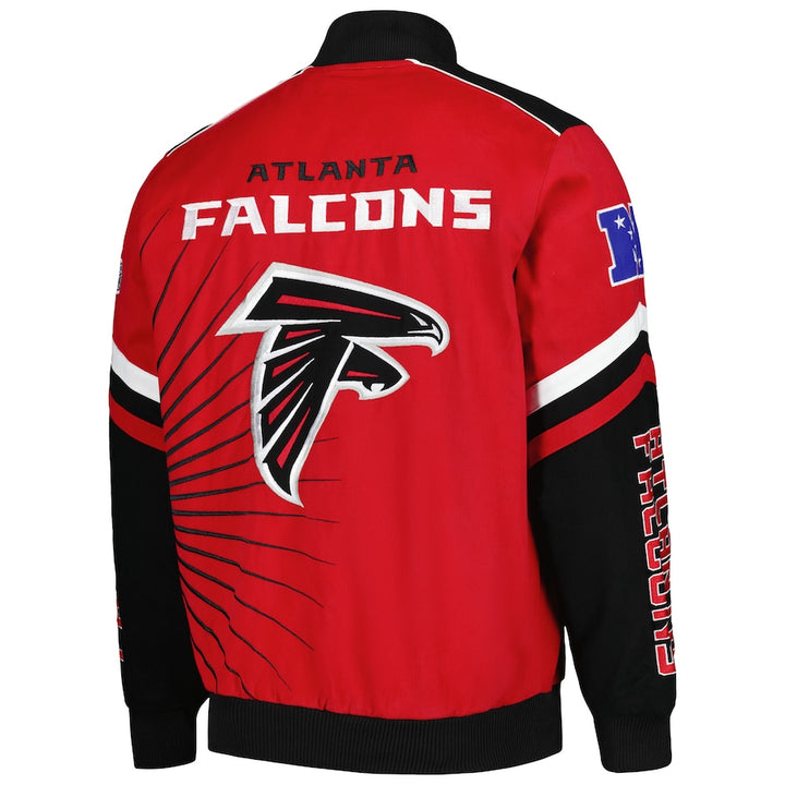 G-III varsity Falcons jacket sleeve close-up

