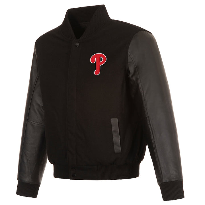 mens philadelphia phillies wool body leather sleeve reversible jacket in USA