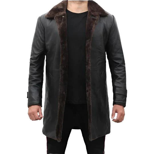 Zweireihiger Shearling-Ledermantel mit Faux-Fur-Kragen für Herren von TJS 