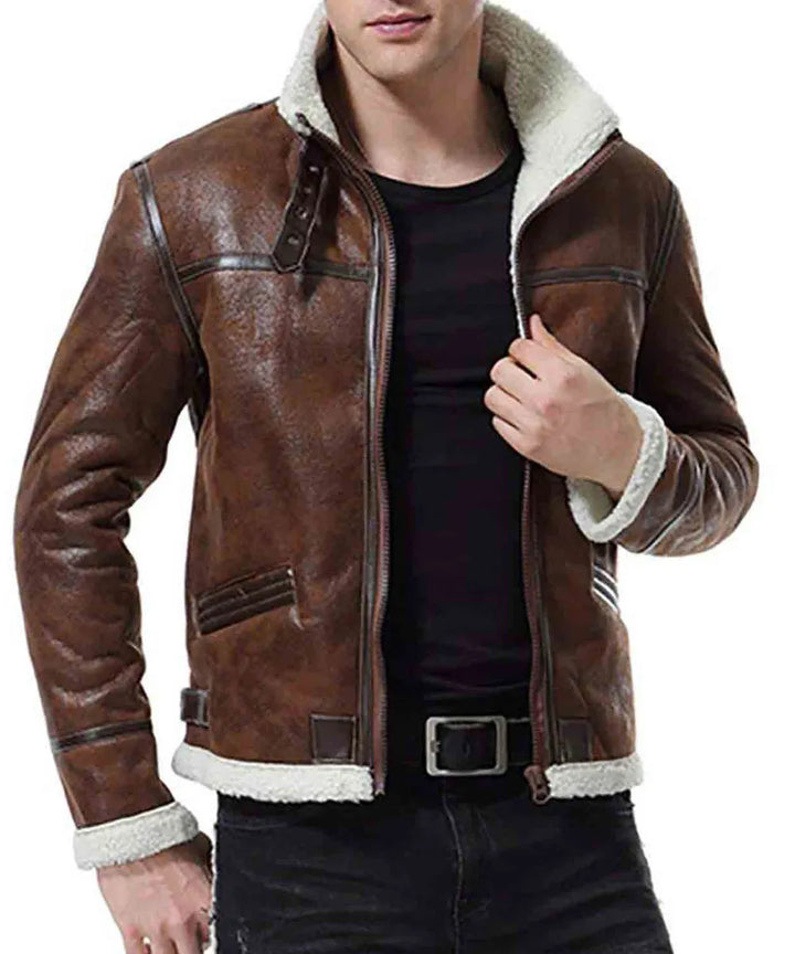 Front View Men’s Biker Shearling Bomber Distressed Brown Leather Jacket