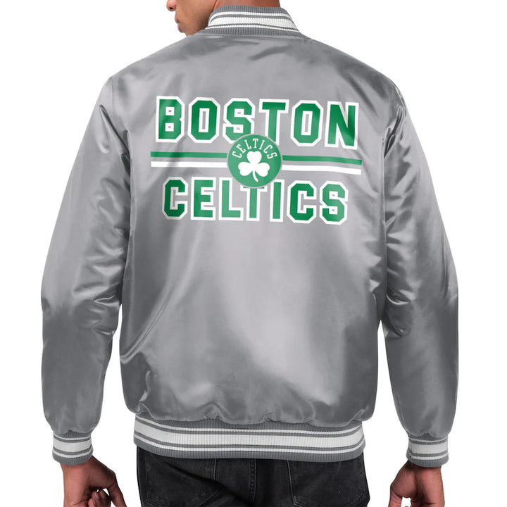 Back View Men's Starter Gray Boston Celtics Satin Varsity Full-Snap Jacket