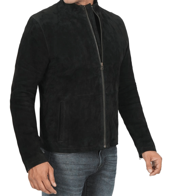 Fashionable black cafe racer suede jacket in USA market