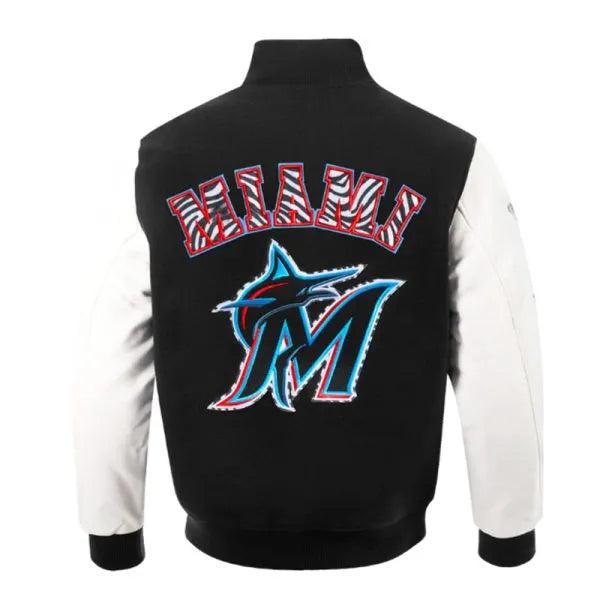 Black and white Marlins jacket with animal print logos in USA