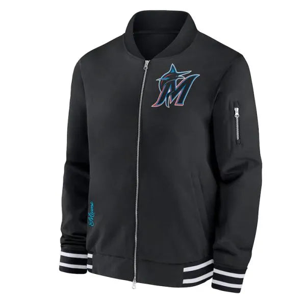 Black satin Miami Marlins bomber jacket with utility pocket in USA