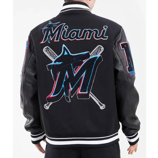 Black mash-up Miami Marlins wool and leather jacket in USA