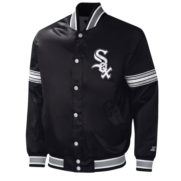 Black Chicago White Sox midfield satin jacket front view in USA