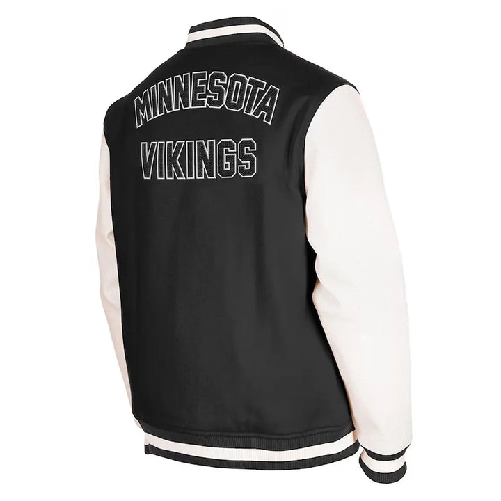 black and white vikings leather varsity jacket

