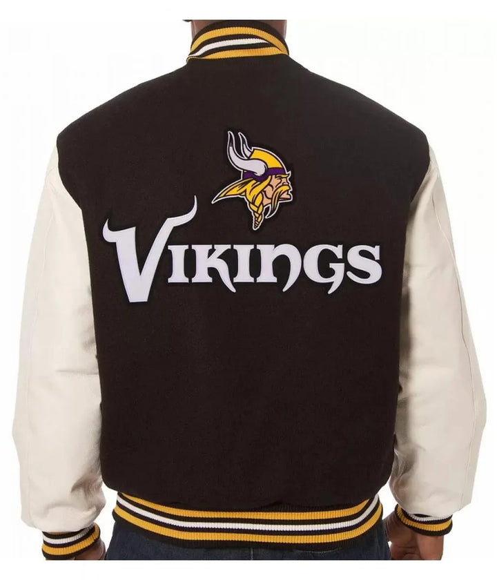 Wool and leather Vikings varsity jacket with ribbed collar

