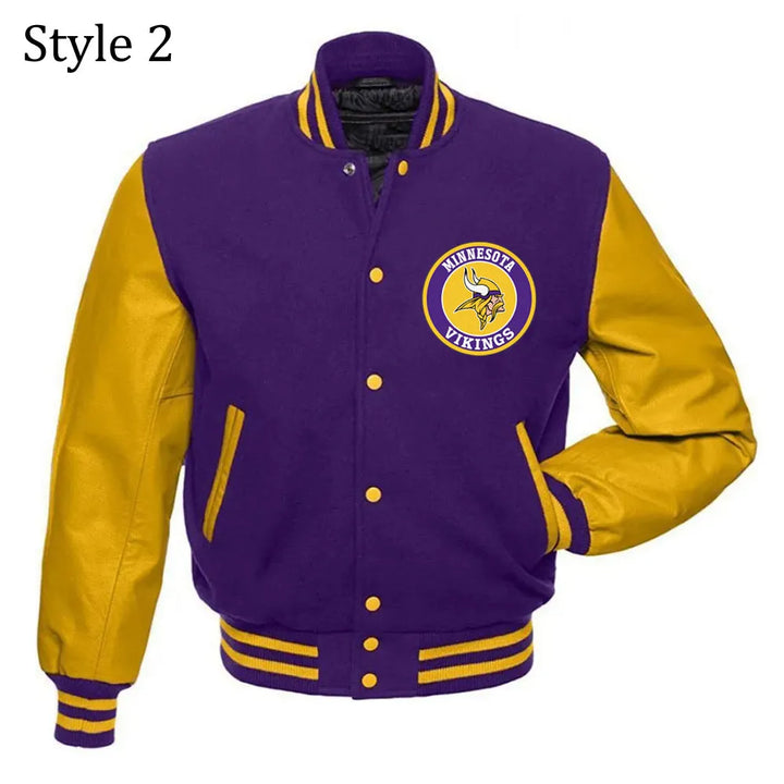 Unisex Minnesota Vikings varsity jacket front view

