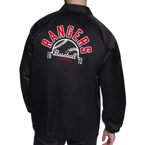 Black jacket with 'Rangers Baseball Texas' text on the back