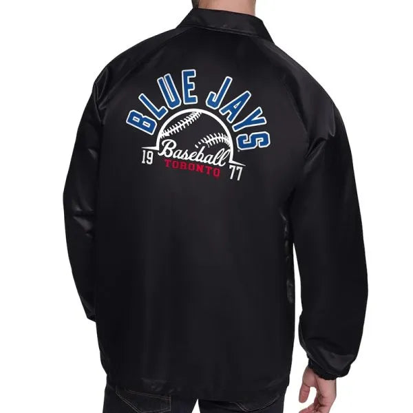 Black jacket with 'Blue Jays Baseball Toronto' text on the back in American Style