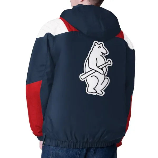 Hooded Chicago Cubs nylon jacket with red contrast panels


