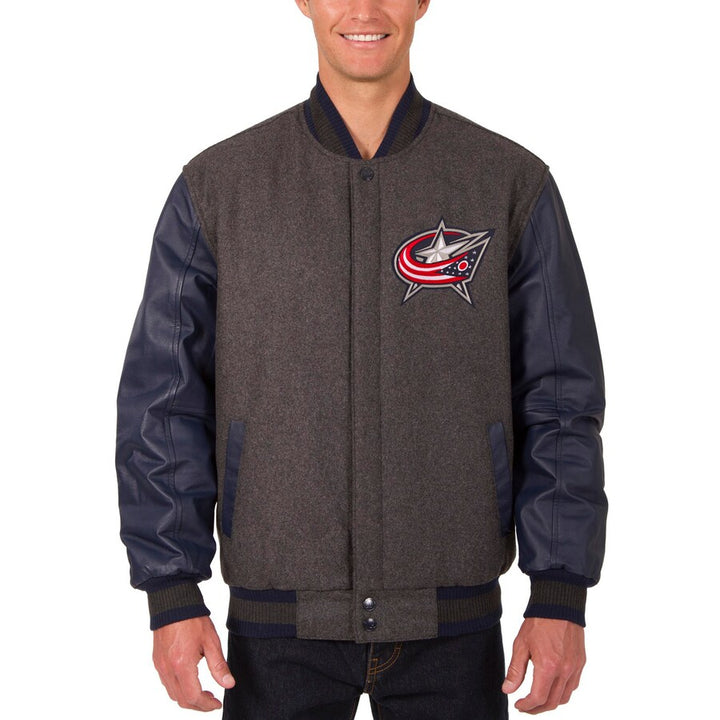 mens columbus blue jackets two hit wool body leather sleeve jacket in USA