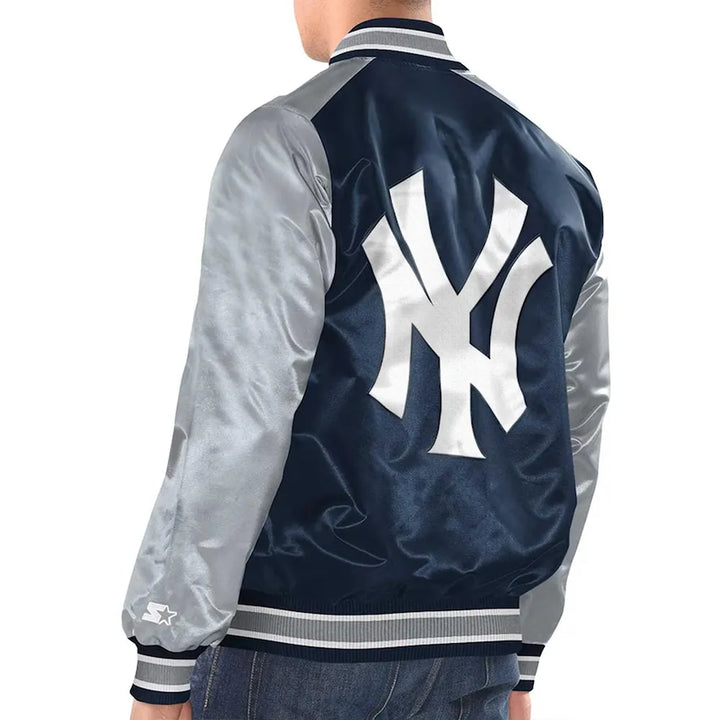 Navy/Silver New York Yankees Renegade Varsity Satin Jacket Front View in USA