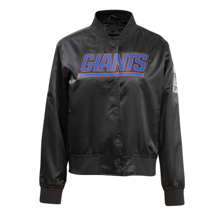 Black bomber jacket with 'Giants' text on a white background in USA