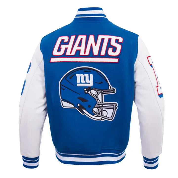 Blue and white jacket with 'Giants' and helmet design on a white  background in American Style 