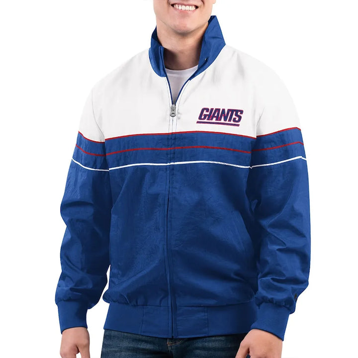 Blue and white jacket with 'Giants' logo on a white background in USA