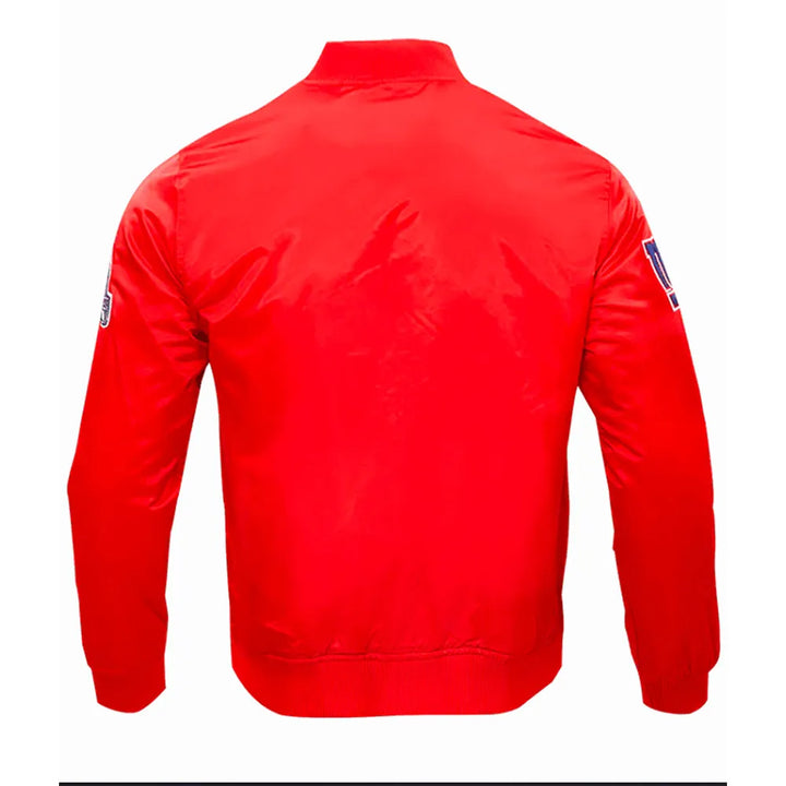 Red jacket with patches on the back and sleeves against a white background in USA 