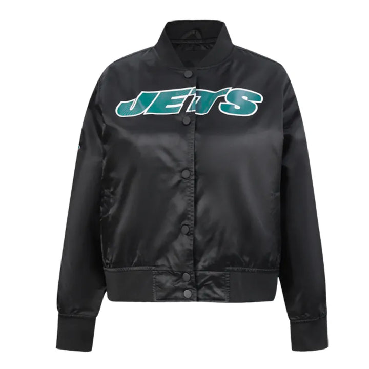 Classic New York Jets black satin jacket front view

