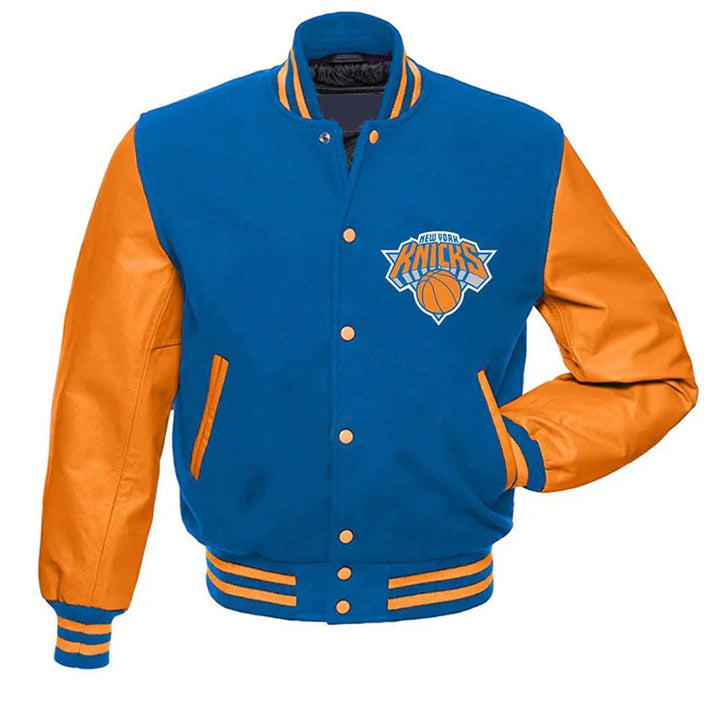 back view NY Knicks Blue Varsity Jacket