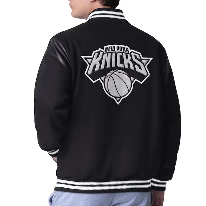 back view NY Knicks Clutch Hitter Black Varsity Jacket