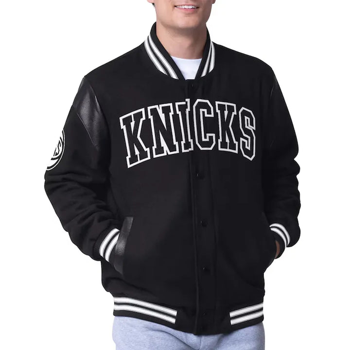 front view NY Knicks Clutch Hitter Black Varsity Jacket
