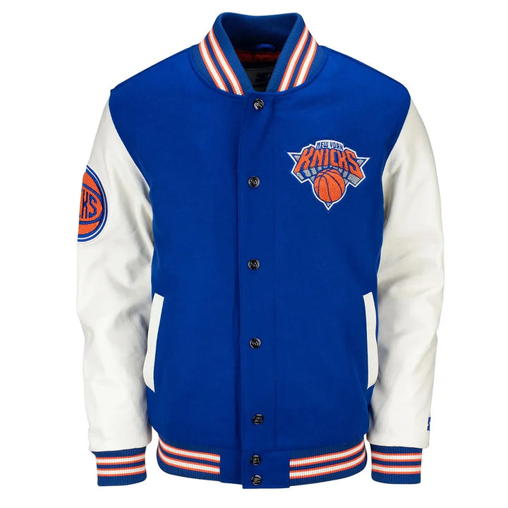 front view Prospect NY Knicks Blue Varsity Jacket
