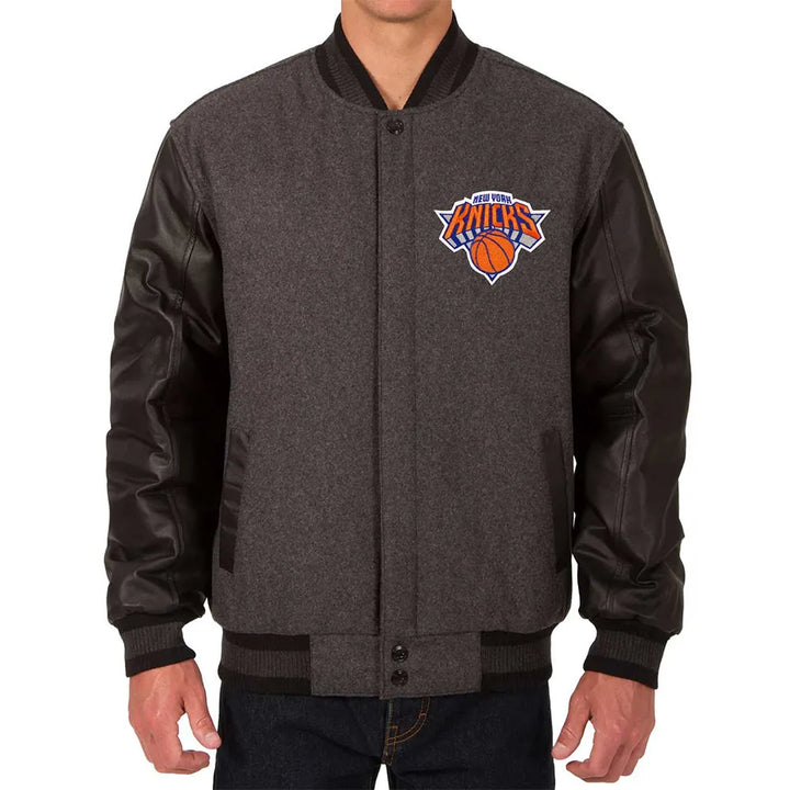Front View NY Knicks Charcoal and Black Varsity Jacket
