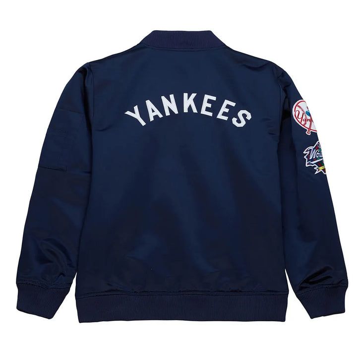 NY Yankees Vintage Logo Navy Lightweight Satin Jacket Front View in USA